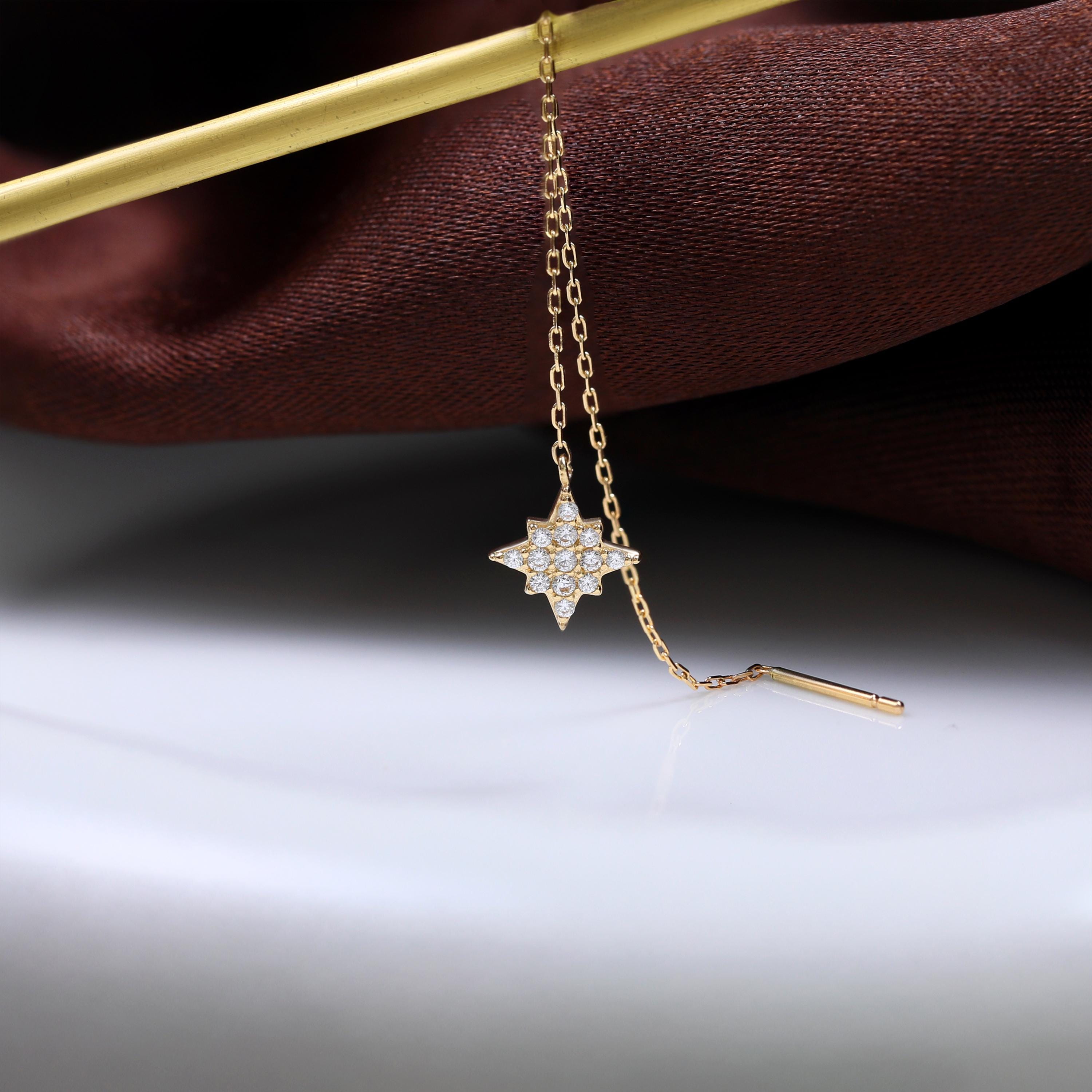 14K Solid Gold Diamond Star Threader Earring, Celestial Dangle Chain Earring, Gold CZ Cable Chain Earring, Polaris Pull Through Long Chain