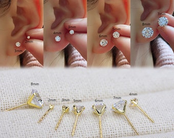 10K Solid Gold 2mm 3mm 4mm 5mm 6mm 7mm 8mm Super tiny cubic zirconia stud earrings, small studs, dainty earrings, stud earrings.