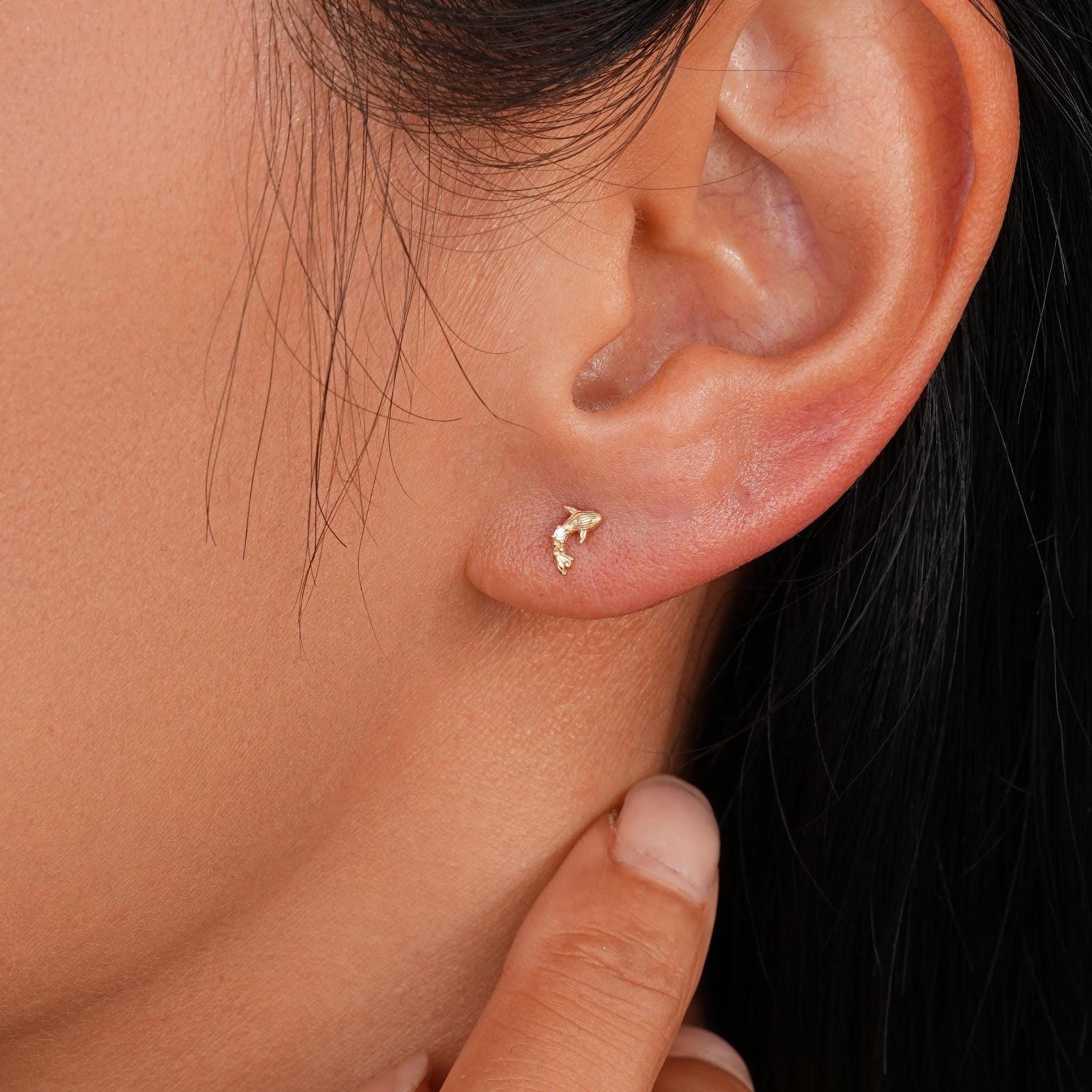 14K Solid Gold Diamond Whale Shaped Stud, Real Gold Gemstone Fish Piercing, Clear CZ Ocean Animal Conch Helix Stud, Butterfly Back Earring