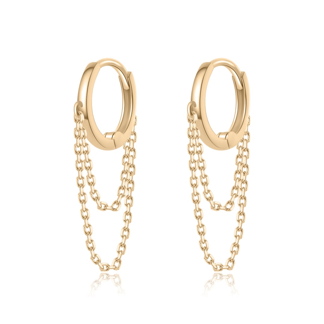 9K & 14K Solid Gold Double Chain Hoop Hinged Earrings,solid Gold ...