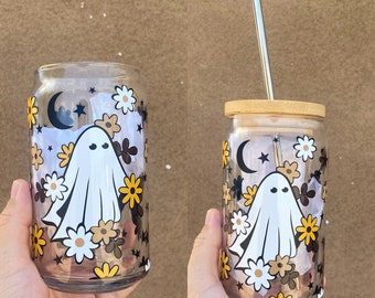 Retro Daisy Ghosts Glass Can, Halloween Glass Can,  Libbey Glass Can, Daisy Flowers, Halloween Cups, Daisy Cups, Ghosts Cups,Halloween Decor
