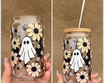 Retro Lilies Ghosts Glass Can, Halloween Glass Can,  Libbey Glass Can, Daisy Flowers, Halloween Cups, Lily Cups, Ghosts Cups,Halloween Decor