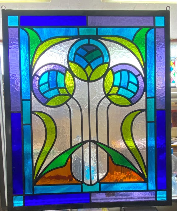 Art nouveau, stained glass panel