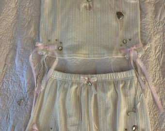 White pastel cami & shorts set to wear out or pajamas set lace pink coquette rose diamonds rhinestones