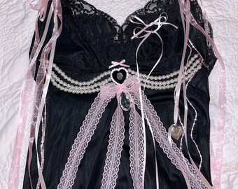 Sold***Black and pink satin diamond pearl lace coquette rhinestone locket dress fairy S***Sold***
