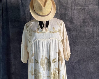 Pure linen Short Dress, Long Shirt, Beach wear, Eco printed, Botanical Dye, Handmade, Italian design