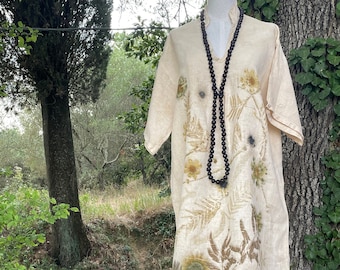 Natural cotton dress, eco printed by hand, botanical dyed, woman dress nature, made in Italy, unique design ,