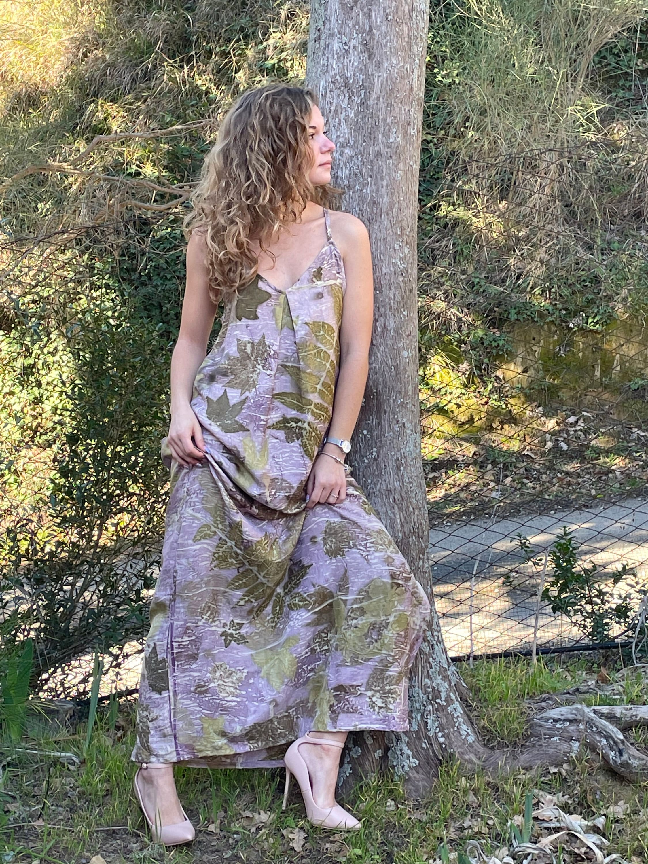 Natural cotton dress, eco printed by hand, botanical dyed, woman dress nature, made in Italy, unique design ,