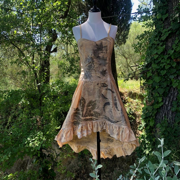 Long Draped Cotton Dress, eco printed, botanical dyed, woman dress nature, Italian, handmade, eco print, natural cotton