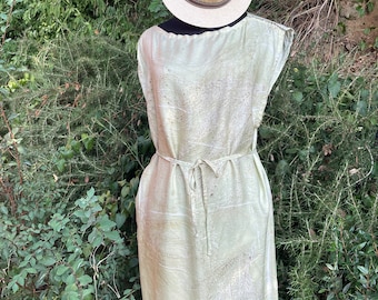 Natural cotton dress, eco printed by hand, botanical dyed, woman dress nature, made in Italy, unique design ,