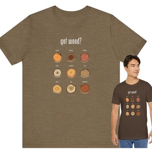 May include: A heather brown t-shirt featuring the text "got wood?" and a graphic of different wood cross-sections. The shirt is displayed on a white background.