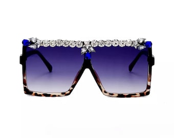 Lunettes de soleil carrées surdimensionnées en diamants colorés | Big Frames Flat Top Luxury Crystal vintage Sunglass | Glamorous Strass Shiny Punk Shades