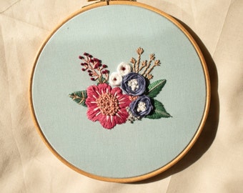 Floral Embroidery. Pink, Mauve and White Flowers. Hand Embroidery. Embroidered Wall Art. Embroidery Art. Hoop Art