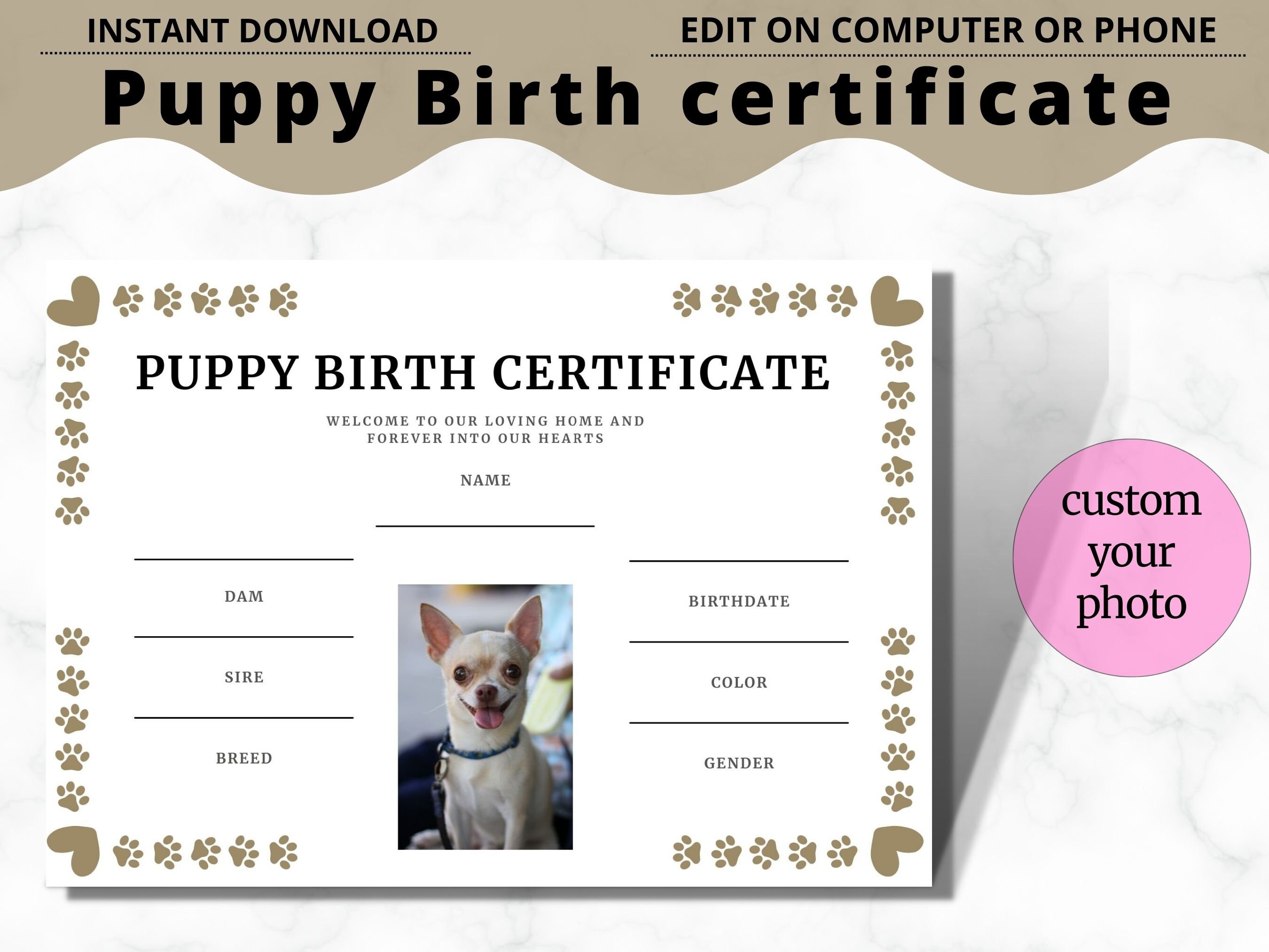 Puppy Birth Certificates Editable Etsy