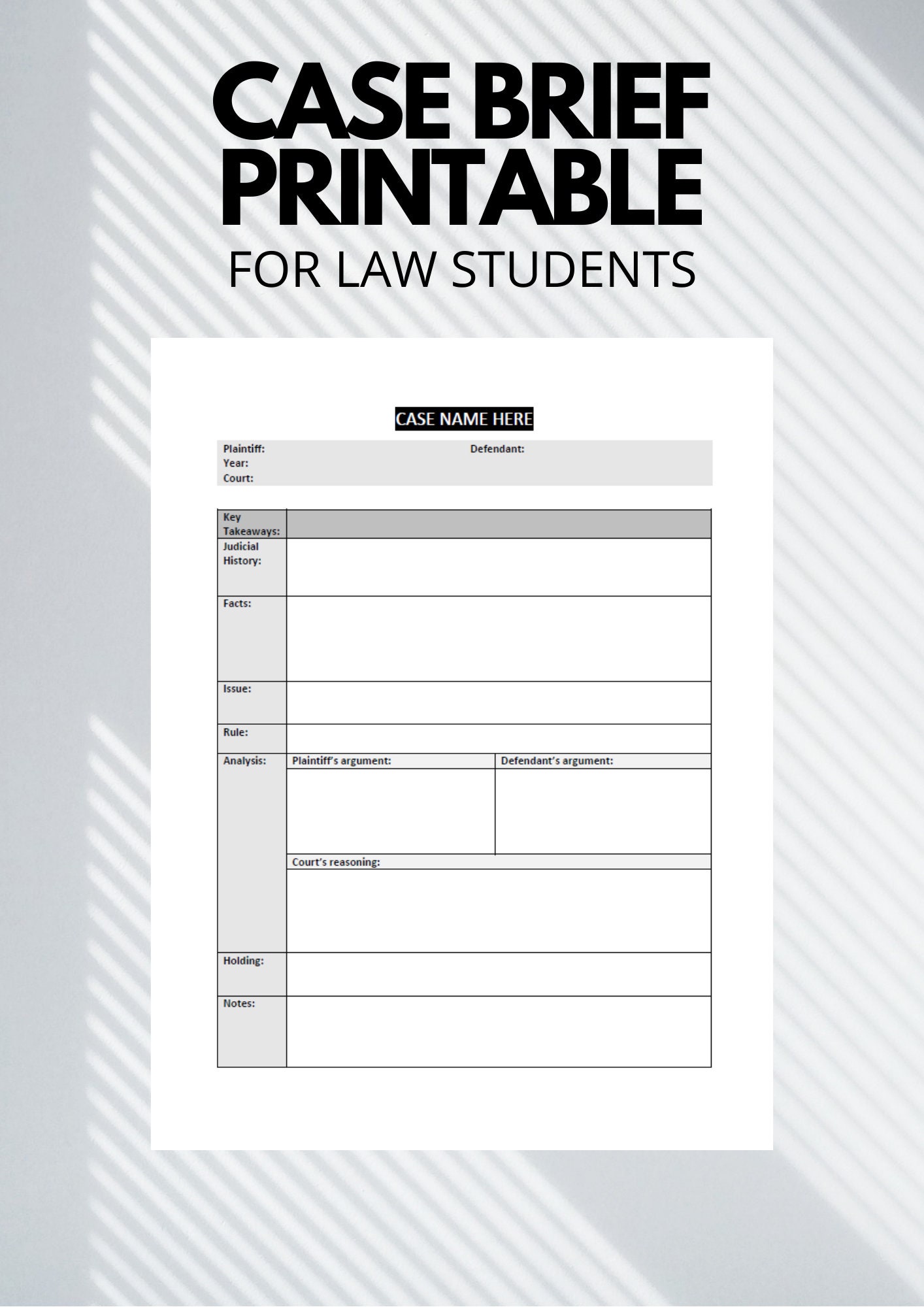 Legal Case Brief Summary Outline Template For Law Students Etsy