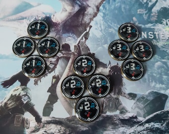 May include: A set of 12 black and white circular tokens with a gold rim. Each token has a number from 1 to 3 and a musical note symbol. The tokens are arranged in a triangular pattern on a background image of a video game.
