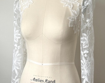 Bridal Lace Bolero, Long Sleeve Wedding Dress Topper, High Neck Open Back Cover Up