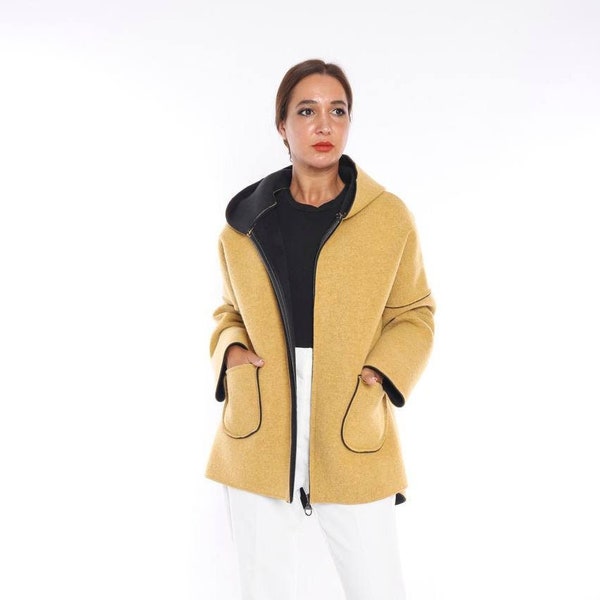 Oversize Wool Felt Coat with Hood, Boiled Wool Hooded  Coat, Oversize Wool Coat,Winter Wool Coat,Plus Size Coat, Plus Size Jacket