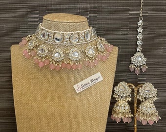 White kundan choker set with jhumki & tikka, ladies jewellery