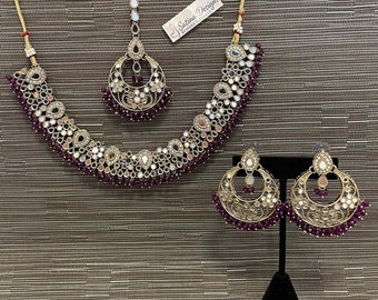 Mirror necklace set with matching earrings and tikka, ladies accessories