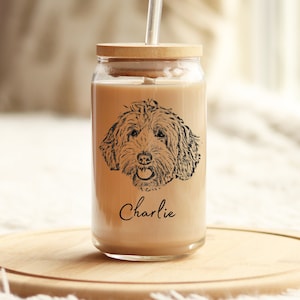 Custom Dog Beer Can Glass with Bamboo Lid, Dog Mom Glass Mug, Dog Lover Gift, Iced Coffee Cup, Pet Portrait Personalized Coffee Glass