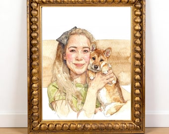 Custom Watercolor Portraits, Mother's Day Gift, Custom Watercolor Couple Portrait, Custom Mom and Pet Portrait, Dog Portraits Cat Painting