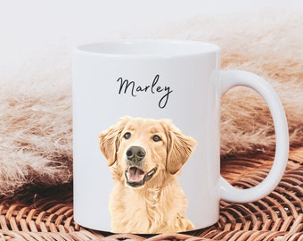 May include: White ceramic mug with a golden retriever dog illustration and the name "Marley" printed in black cursive font.