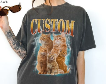 T-shirt vintage pour animaux de compagnie aux couleurs de confort personnalisées Photo de l'animal de compagnie + nom Chemise pour chien personnalisée Chemise personnalisée T-shirts personnalisés pour humains Chemise chat Tee des années 90