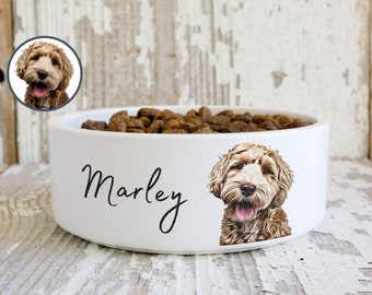 May include: White ceramic dog bowl with a brown dog illustration and the name "Marley" written in black cursive font.