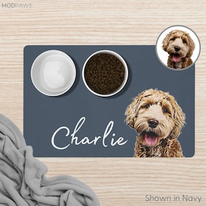 Tapis de chien personnalisés à l'aide d'une photo d'animal de compagnie + nom Tapis de nourriture pour chien personnalisé Set de table pour chien personnalisé Tapis de bol pour chien personnalisé