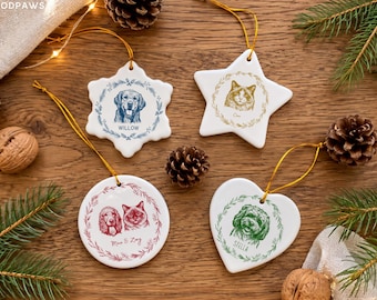 Custom Pet Sketch Ornament Using Photo Name Ceramic Dog Christmas Keepsake Floral Wreath Drawing Bauble