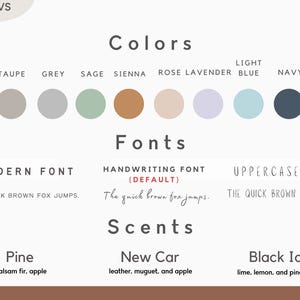May include: A graphic design guide for a brand called "Mod Paws" featuring color swatches, font styles, and scent descriptions. The colors include white, taupe, grey, sage, sienna, rose, lavender, light blue, navy, and red. The fonts include a modern font, a handwriting font, and an uppercase font. The scents include pine, new car, and black ice.