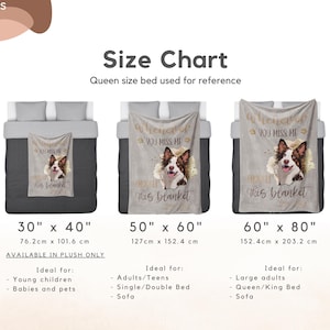 May include: Size chart for plush blankets with a dog design. The blankets are shown on beds in three sizes: 30" x 40", 50" x 60", and 60" x 80". Each blanket features a dog image and the text "Whenever you miss me, remember this blanket."
