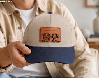 Personalized Dog Hat Leather Patch Sketch Pet Photo Custom Cap Unique Pet Dad Birthday Gift