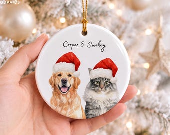 Custom Pet Watercolor Ornament Using Photo Dog Cat Ceramic Christmas Tree Decor Santa Hat Bauble