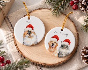 Personalized Watercolor Pet Photo Ceramic Ornament Dog Cat Santa Hat Christmas Tree Decor Custom Bauble