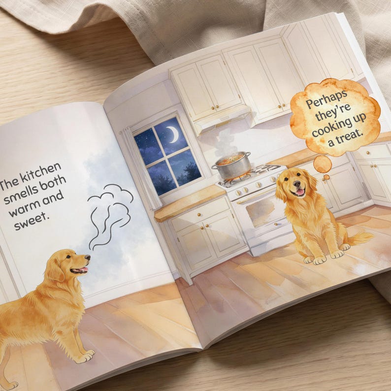 May include: An illustrated children's book page shows a Golden Retriever dog in a kitchen scene. Text reads, "The kitchen smells both warm and sweet." Another dog is thinking, "Perhaps they're cooking up a treat."