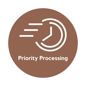 May include: A brown circle with a white outline of a clock with three lines coming out of the top, symbolizing speed. The text "Priority Processing" is written below the clock.