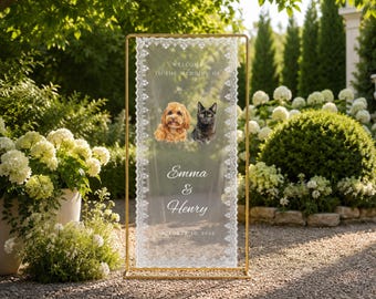 Watercolor Pet Wedding Welcome Lace Sign Personalized Cat Photo Fabric Tapestry Banner Ceremony Reception Keepsake Decor