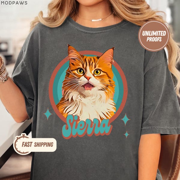 Camiseta retro vintage para mascotas con colores cómodos personalizados. Foto y nombre de la mascota. Retrato personalizado de perro. Camisetas personalizadas. Camiseta estilo años 90 con diseño de gato.