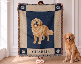 Custom Dog Portrait Woven Blanket with Name Personalized Pet Checker Tapestry Throw Unique Photo Keepsake