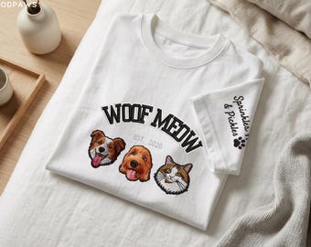 Custom Embroidered Varsity Dog Shirt with Sleeve Embroidery Personalized Pet Portrait Cat T-Shirt Tee