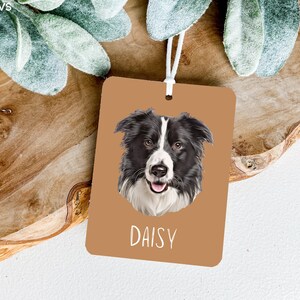 May include: A brown rectangular tag with a white string attached. The tag features a black and white border collie dog illustration with the name "Daisy" printed in white text.