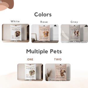 May include: A selection of pet blankets in white, rose, and grey, each featuring a pet portrait and the text "Whenever you miss me... hug this blanket." Options include blankets for one or two pets.
