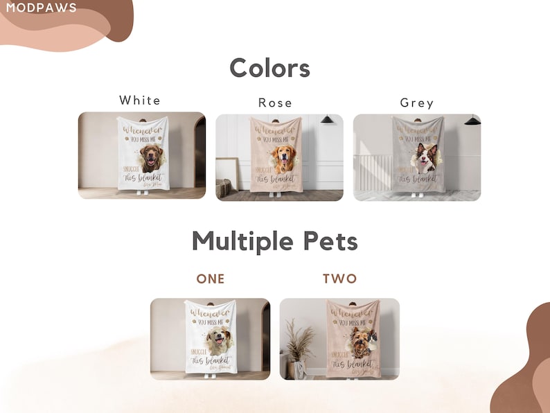 May include: A selection of pet blankets in white, rose, and grey, each featuring a pet portrait and the text "Whenever you miss me... hug this blanket." Options include blankets for one or two pets.