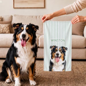May include: A rectangular tea towel featuring a light green and white vertical striped pattern. The towel displays a printed illustration of a tricolor Australian Shepherd dog with its tongue out, positioned below the name WINSTON in green text.