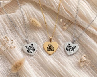 Personalized Pet Sketch Heart Necklace Custom Dog Pendant Engraved Cat Memorial Jewelry Remembrance Gift