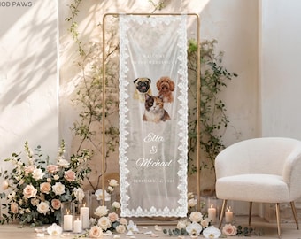 Watercolor Pet Wedding Welcome Lace Sign Custom Cat Photo Printed Fabric Tapestry Banner Ceremony Entrance Decor