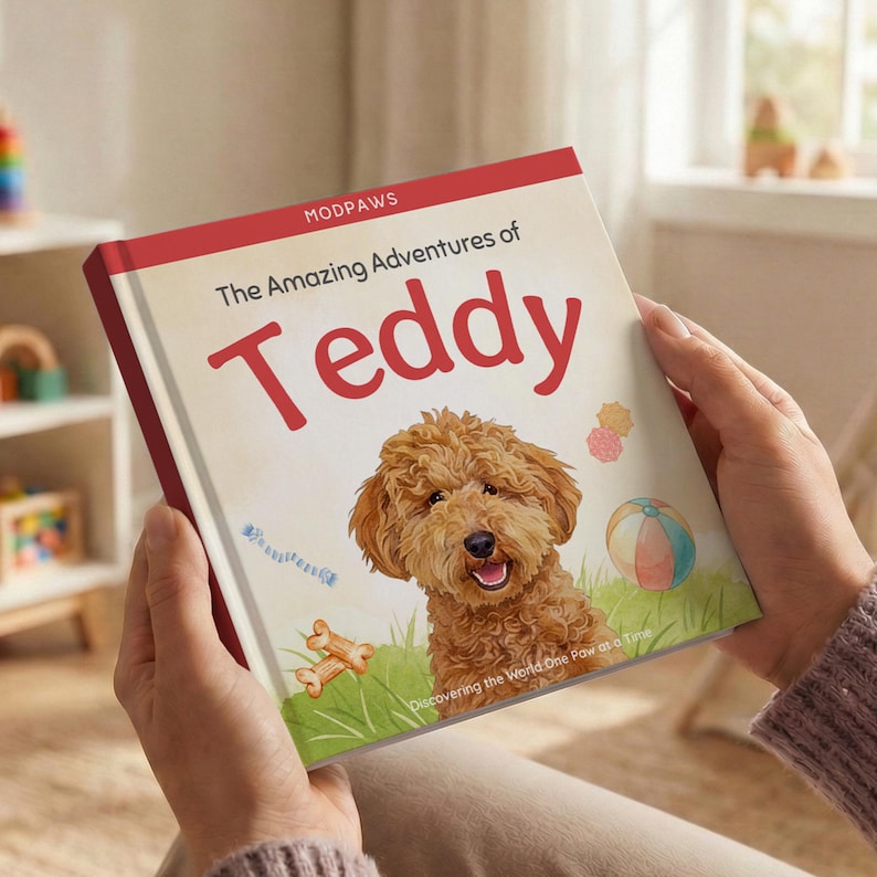 May include: A hardcover children's book titled "The Amazing Adventures of Teddy" featuring a smiling brown dog illustration. The book cover has a red border and the Modpaws logo.