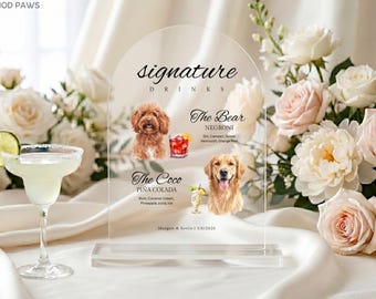 Custom Watercolor Pet Portrait Wedding Cocktail Menu Sign Acrylic Dome Dog Cat Signature Drinks Plaque